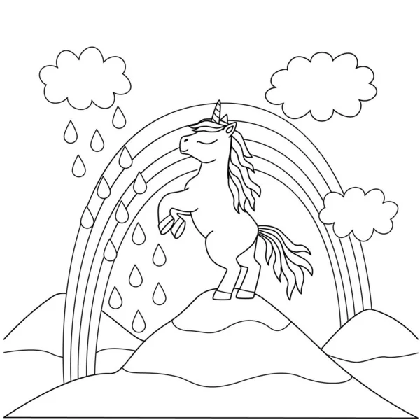 Coloring book for kids with a beautiful unicorn on top of a mountain. Cute pony horse on its hind legs, rainbow and clouds. Childrens drawing, sketch, simple shapes and contours. — Stock Vector