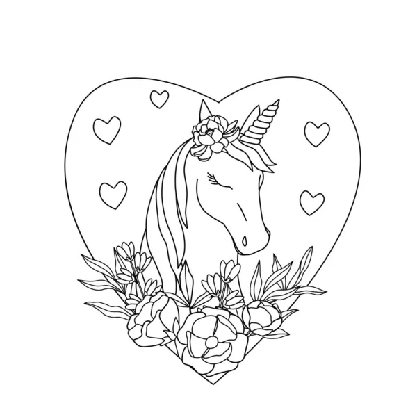 Zbarvení kniha s krásným jednorožec s květinami. Valentines kreslí s koněm se zavřenýma očima. Černý obrys na bílém pozadí ve tvaru srdce. — Stockový vektor