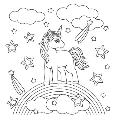 Gökkuşağında şirin bir tek boynuzlu atı olan çocuklar için boyama kitabı. Midilliler, yıldızlar ve bulutlar. Çocuk çizimleri, basit şekiller ve hatlar. Çizgi film vektör illüstrasyonu.
