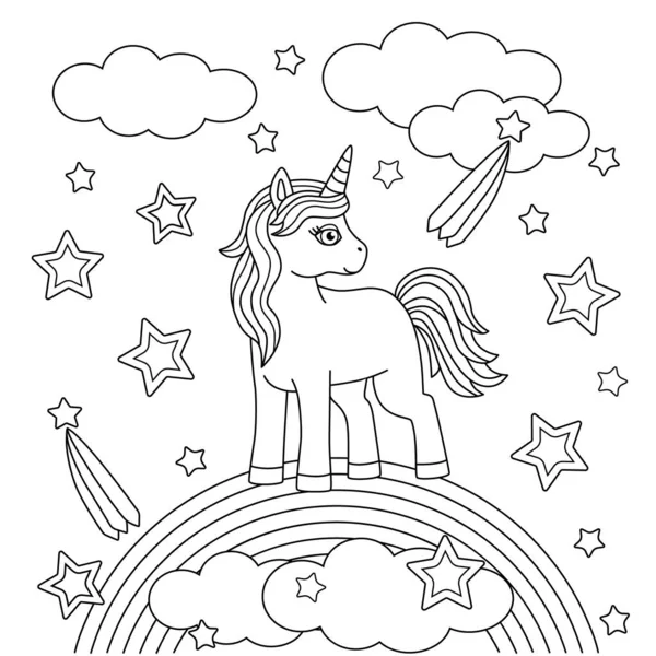 Раскраска Детей Милым Единорогом Радуге Пони Звезды Облака Детский Рисунок — стоковый вектор