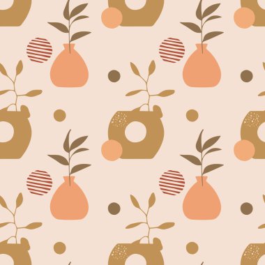 Vazolar ve pastel renkli bitki dallarıyla kusursuz desen. Kağıt, kumaş ve dekor için modern soyut vektör çizimi.