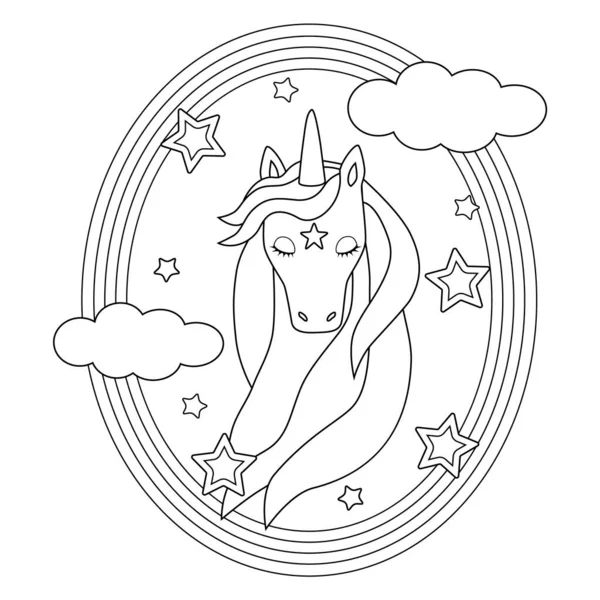 Buku Mewarnai Lucu Dengan Potret Unicorn Dikelilingi Oleh Bintang Bintang - Stok Vektor