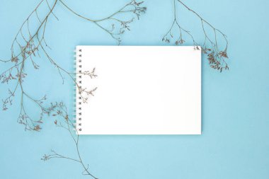 Beyaz, boş bir not defteri ve mavi arka planda kurumuş çiçekler. Tasarımlar ve girdiler için maket, metin için alan ile şablon.