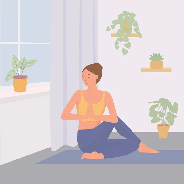 La chica hace yoga posa en casa en el suelo cerca de la ventana. El estilo de vida de una mujer joven con plantas caseras. El concepto de salud mental. Lindo vector de dibujos animados ilustración. — Vector de stock