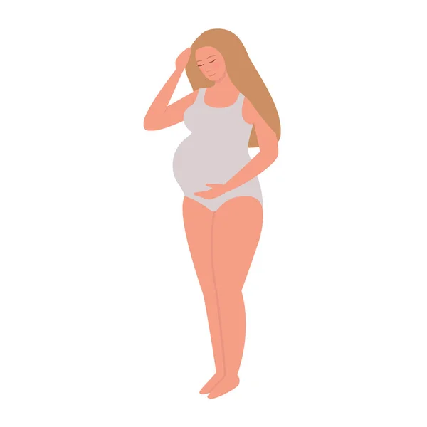 Eine schwangere Frau mit langen blonden Haaren im Badeanzug steht da. Junge schöne Mädchen in voller Höhe isoliert auf weißem Hintergrund. Flache Vektorabbildung. — Stockvektor