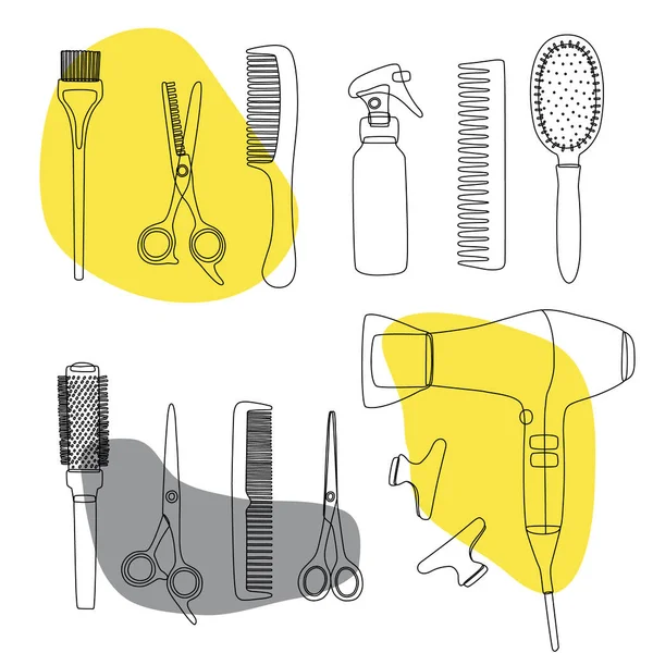El çizimi kuaför aletleri. Eskiz, kuaför salonu aksesuarları, makas, saç kurutma makinesi, tarak, klipsler. Tasarım için vektör. — Stok Vektör