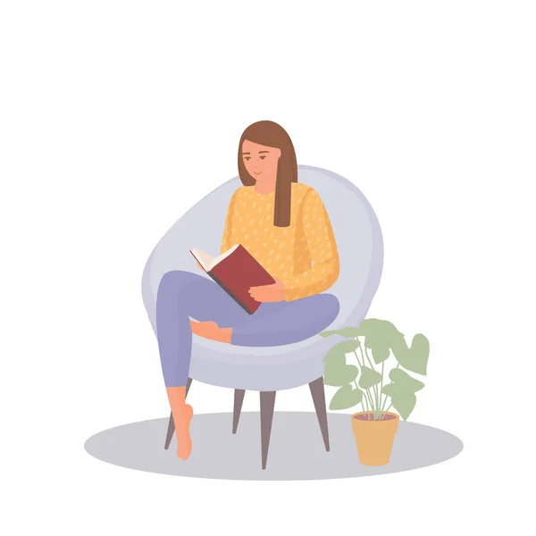 Flickan i stolen läser en bok. Söt ung kvinna i gul skjorta isolerad på vit bakgrund. Tecknad vektor illustration. — Stock vektor