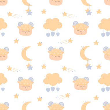 Koçbaşı, ay ve bulut desenli kusursuz desen. Tekstil ve çocuk odası dekorları için şirin bebek vektörü çizimi.