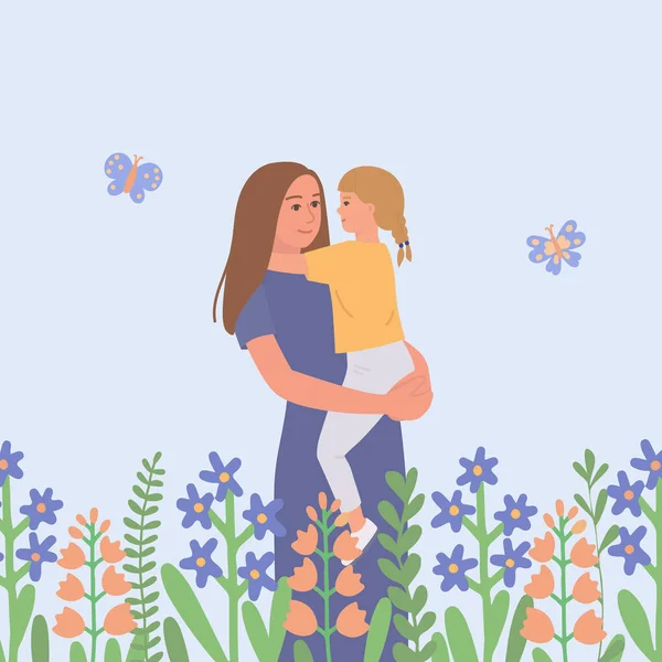 Una madre sostiene a su pequeña hija en sus brazos. Una joven abraza a un niño rodeado de flores. Plantilla de tarjeta de felicitación Día de las Madres. — Vector de stock