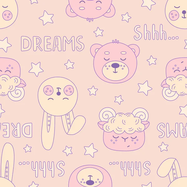 Seamless pattern with animals with their eyes closed. Sleeping head of a hare, bear, ram in pink and yellow pastel colors. Cute vector for kids textiles and design. — Stock Vector