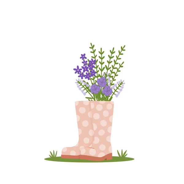 Букет цветов в сапогах. Символ весны и садоводства. Симпатичная векторная иллюстрация. — стоковый вектор