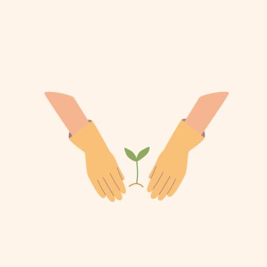 Eldivenli eller ve yeşil bir filiz. Bahçıvanlık ögesi, düz vektör çizimi.