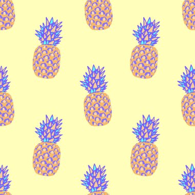 Sarı arka planda parlak ananaslı kusursuz desen. Tekstil ve dekor için vektör illüstrasyonu.