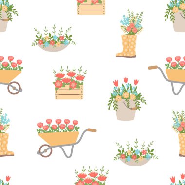 Buketlerle kusursuz desen. Kovada, botlarda, el arabasında çiçekler. Bahçıvanlığın, baharın ve yazın sembolü. Vektör illüstrasyonu.