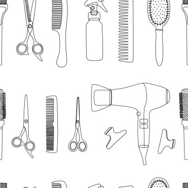 Beyaz arka plandaki berber aletleri pürüzsüz desenli. Şablon, kartvizit, tekstil ya da ambalaj kağıdı için kuaför aksesuarları. Vektör illüstrasyonu, taslak, şekil, taslak.