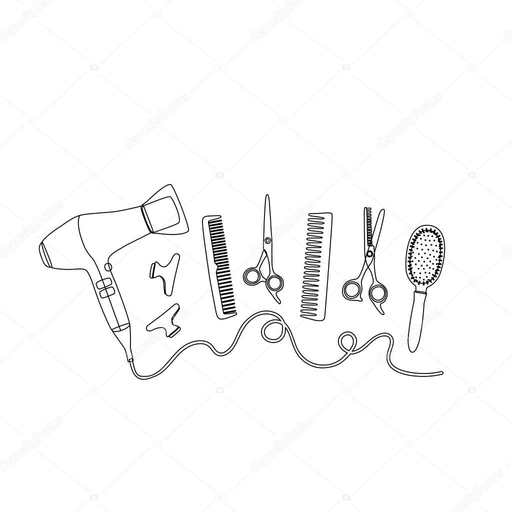 Hair salon logo, barber tools isolated on white. Contour hairdressers accessories, hair dryer, comb and scissors. Vector illustration for design.