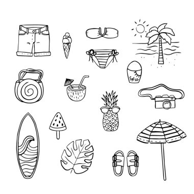 Bir dizi plaj temalı tasarım elementleri. Yaz tatilinin sembolleri, palmiye ağacı, kokteyl, mayo, kamera, gözlüklü ananas. Siyah el çizimi, çizim, karalama stilinde vektör.