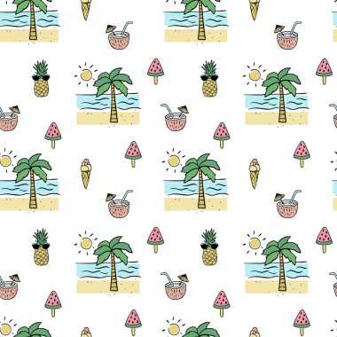 Seamless pattern with palm tree, beach, pineapple and desserts. Vector illustration in cartoon style for textiles, wrapping paper and design.