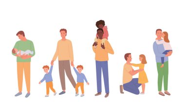 Happy Father's Day. Dad, son and daughter are together and happy. A set of parent and child characters, full-length figures isolated on white. Cute vector illustration in flat style