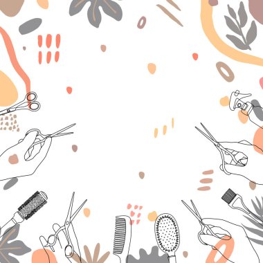 Frame, border of hairdressing tools. Hair salon accessories outline, hair dryer, comb, hand with scissors and abstraction. Vector illustration, template for design and information.
