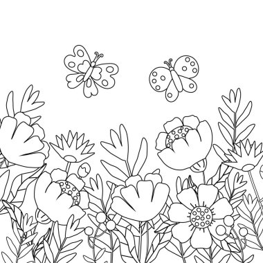 Sevimli çiçekler ve kelebeklerle boyama kitabı. Temel ana hatlı vektör çizimi, bitkilerin silueti.