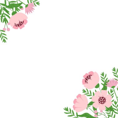 İlkbahar çerçeve çiçekli ve dal dallı ortasında yazı için yer var. Basit bitkiler, şablonlar, kartpostallar, el ilanları ve tasarımlar için çizim yapan çocuklar, vektör.