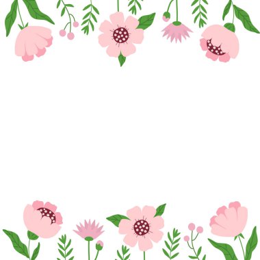 İlkbahar çerçeve çiçekli ve dal dallı ortasında yazı için yer var. Basit bitkiler, şablonlar, kartpostallar, el ilanları ve tasarımlar için çizim yapan çocuklar, vektör.