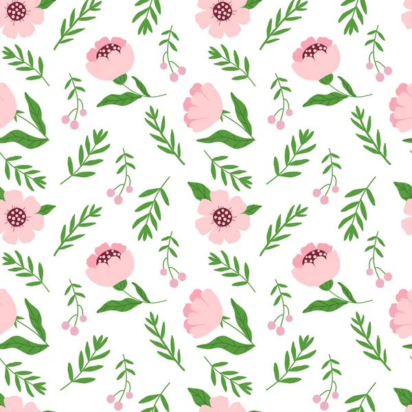 Patrón sin costuras con flores rosadas y ramitas sobre un fondo blanco. Plantas simples, dibujo infantil para diseño y textiles — Vector de stock