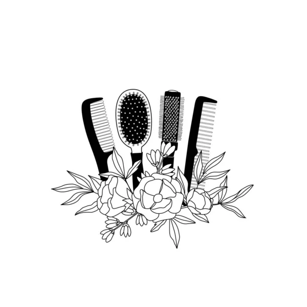 Penteados de cabeleireiro e flores como um logotipo em um estilo minimalista e vintage. Ilustração vetorial para design de interiores, folheto, cartão de visita e cartaz. — Vetor de Stock