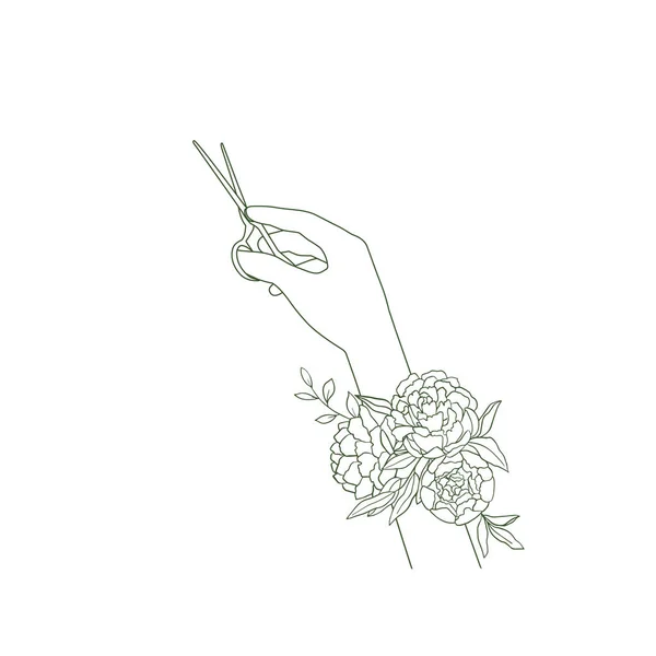 Obrys nůžek v ruce kadeřníka a květiny. Holič drží ten nástroj. Skica, čmáranice, zelená čára na bílém pozadí. Symbol kadeřnictví, ikona — Stockový vektor