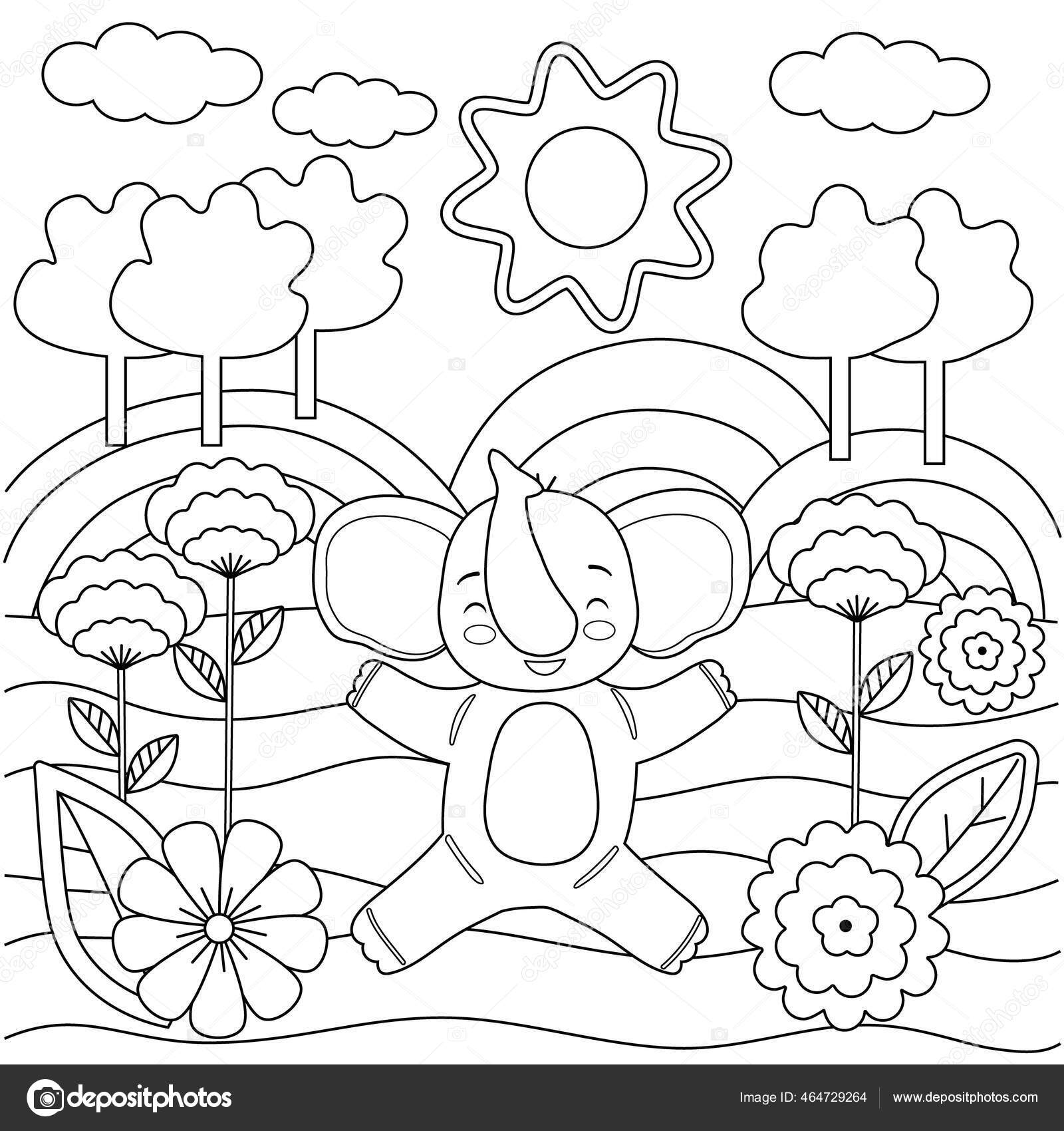 Barnebok med søt elefant, trær og blomster. Enkle former, kontur for små  barn. Tegnevektorillustrasjon. stockvektor © ch.pchillout@gmail.com  #464729264, image size:1600x1700
