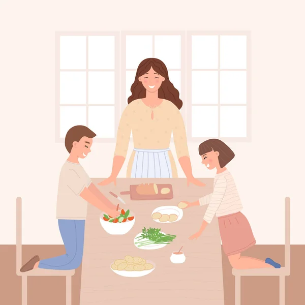 Mãe e filhos na mesa da cozinha e se divertir juntos. Uma mulher, um filho e uma filha preparam o jantar e se divertem. O conceito de maternidade, família e amizade — Vetor de Stock