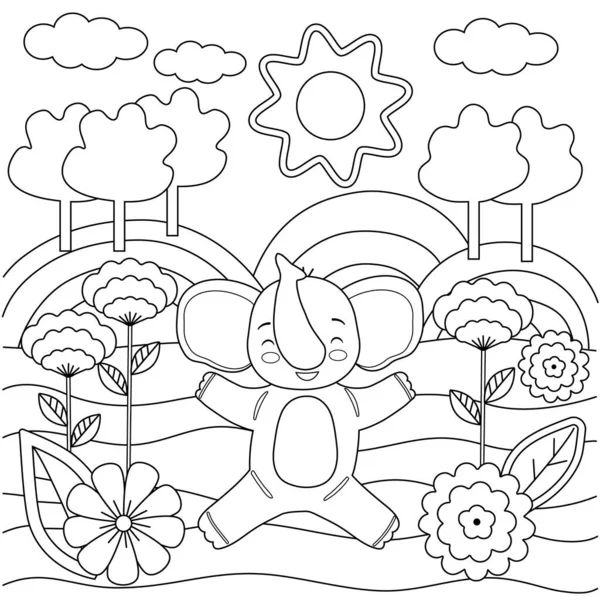 Crianças livro para colorir com elefante bonito, árvores e flores. Formas simples, contorno para crianças pequenas. Desenhos animados ilustração vetorial. — Vetor de Stock