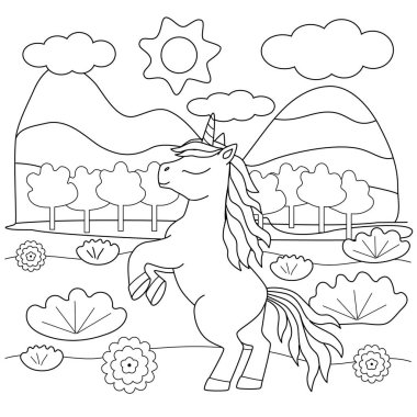 Çocuklar sayfayı şirin tek boynuzlu atlarla, dağlarla ve çiçeklerle boyuyor. Basit şekiller, küçük çocuklar için hatlar. Vektör illüstrasyonu