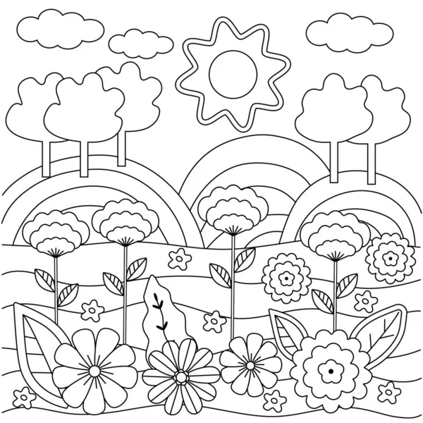 Cute Children Coloring Book Cloud Sun Mountains Flowers Grass Young — Stock Vector