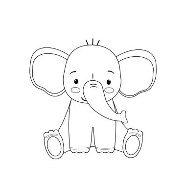Oturan sevimli bir filin taslağı. Çocuk boyama kitabı için vektör çizimi. Çizgi film hayvan çizimi.