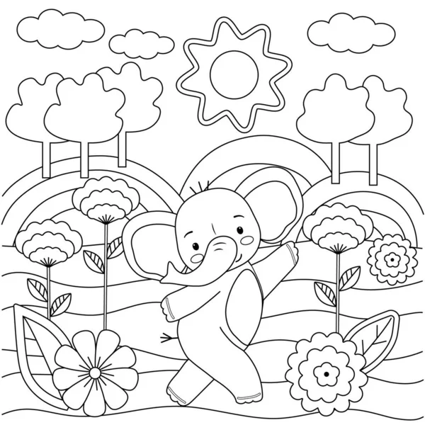 Crianças Livro Para Colorir Com Elefante Bonito Árvores Flores Formas — Vetor de Stock