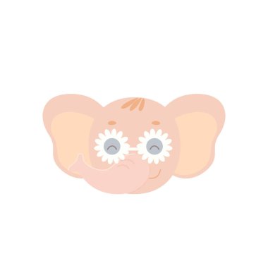 Çiçek şeklindeki gözlüklü sevimli fil yüzü. Bir yaz resmindeki hayali bir hayvan karakterinin başı. Çocuk tasarımları ve parmak izleri için beyaz bir arkaplanda izole edilmiş vektör illüstrasyonu.