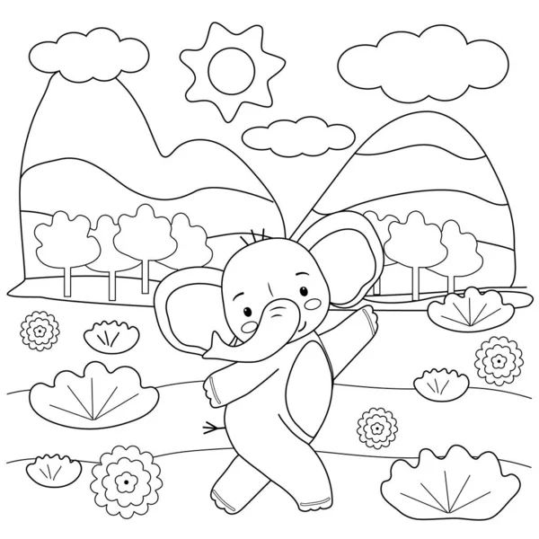 かわいい象 木や花と子供のぬり絵 シンプルな形 小さな子供のための輪郭 漫画ベクトルイラスト — ストックベクタ