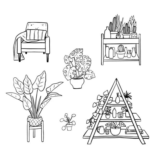 Indoor plants on a stand, a set of elements of the home garden. Black outline on white, isolated objects in doodle style, vector. — Stock Vector