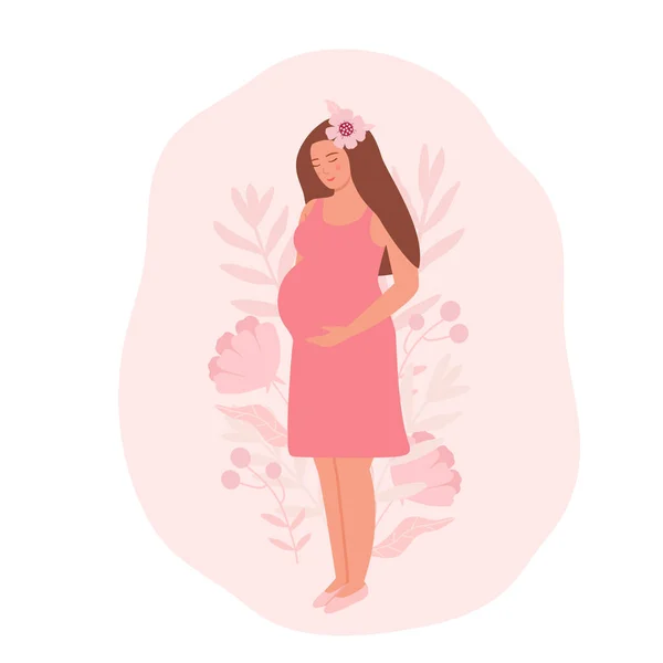 妊娠中の若い女性がドレスを着ている 花の中で美しい少女の将来の母親 フラットベクトル図 デザイン ポストカードやチラシのための妊産婦と健康の概念 — ストックベクタ