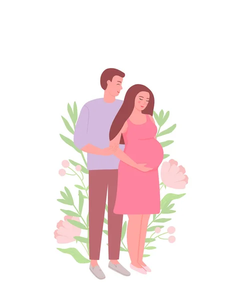 妊娠中の女性と夫が立っている 若い家庭 愛とケアの概念 ベクターイラスト フラット — ストックベクタ
