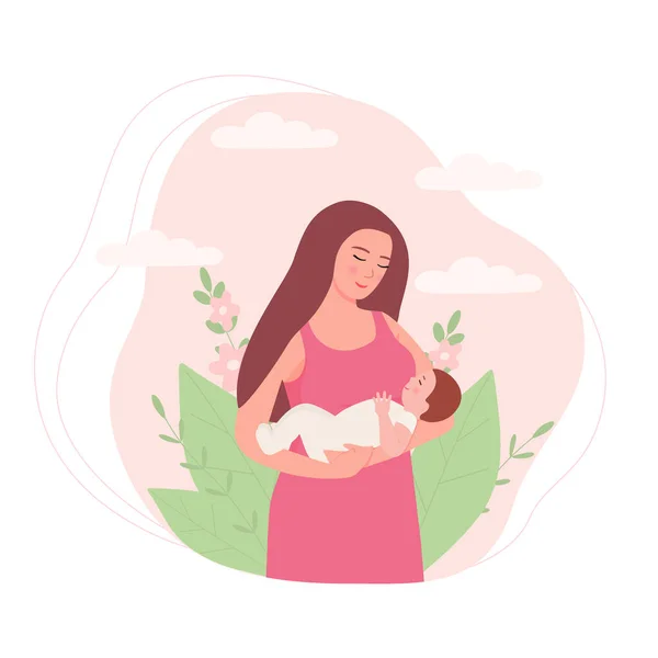 Bir kadın kucağında bir bebek tutuyor. Anne ve çocuk, annelik, sevgi, aile kavramı. Dekorasyon ve tasarım için düz vektör çizimi