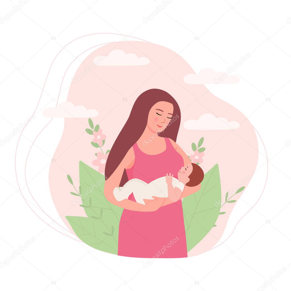 A woman holds a baby in her arms. Mother and child, the concept of motherhood, love, family. Flat vector illustration for decoration and design