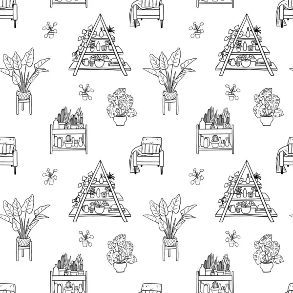 Patrón Sin Costura Con Plantas Casa Doodle Ilustración Comodidad Del — Vector de stock