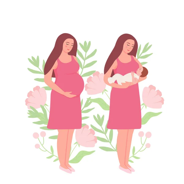 妊娠中の女性と新生児を持つ母親とのセット 子供と母親を運ぶという概念です 白い背景に孤立したフラットベクトルイラスト — ストックベクタ