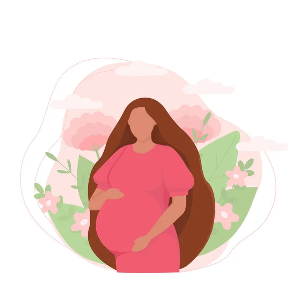 葉を背景に妊娠中のアフリカ人女性 母親と出産のための準備の概念 ピンクと緑の色のフラットスタイルのベクトルイラスト テンプレート — ストックベクタ