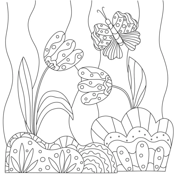 Livro Colorir Crianças Simples Com Flores Bonitos Uma Borboleta Ilustração —  Vetores de Stock