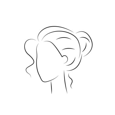 Bir kadının yüzü ve saç stili silueti. Bir stilist tasarımı, logosu ya da kartviziti için bir simge. Çizim, çizgi sanatı, minimalizm tarzında vektör illüstrasyonu.