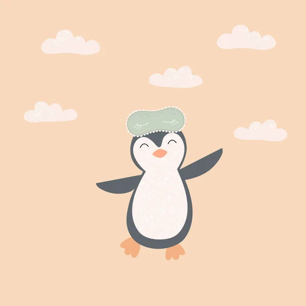 Pinguim bonito com uma máscara de sono e nuvens. Cartaz infantil com um personagem de desenho animado. Ilustração vetorial para projeto de quarto de crianças — Vetor de Stock